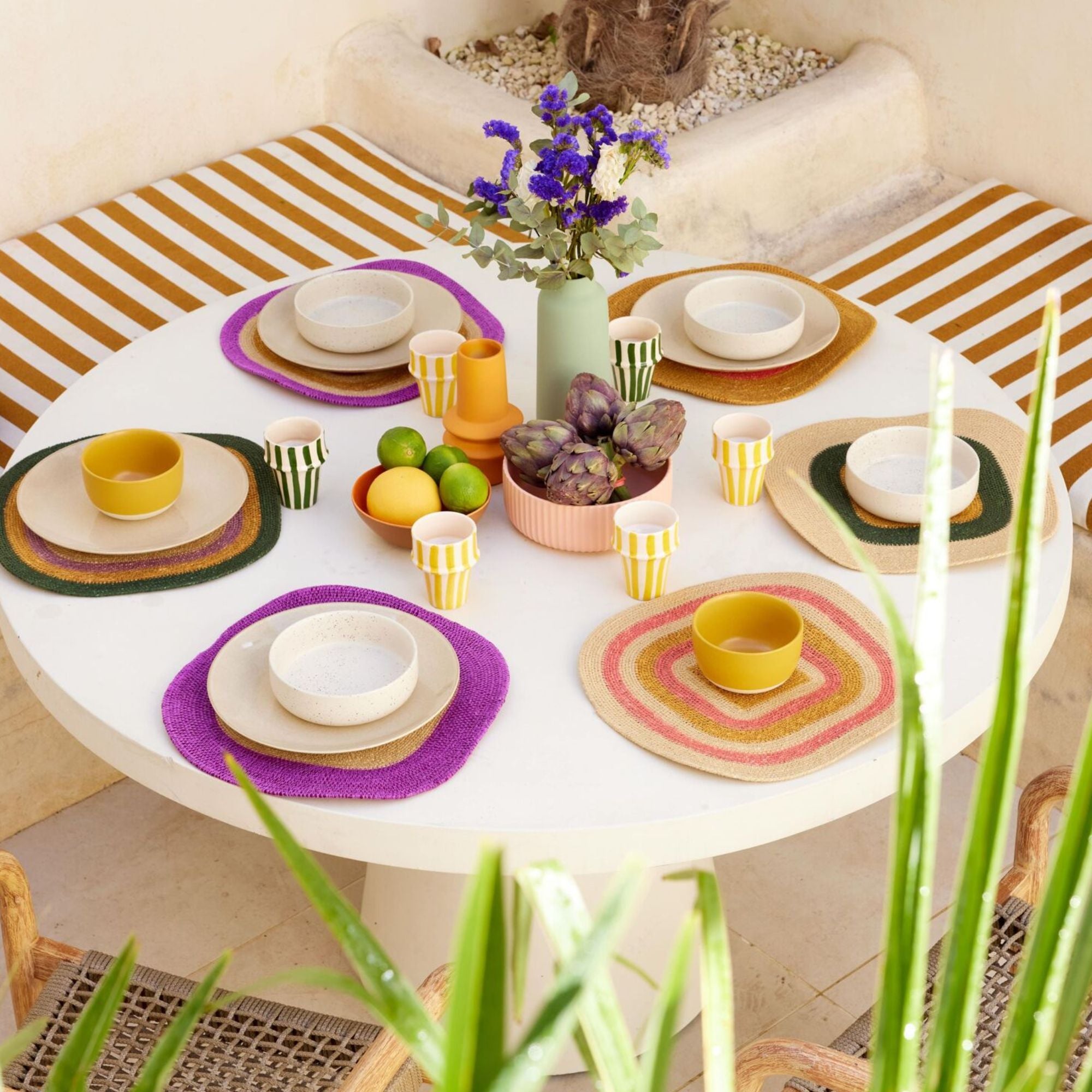 Bonheur du jour, Set de table en Raphia - Mada rayé Corail Maïs