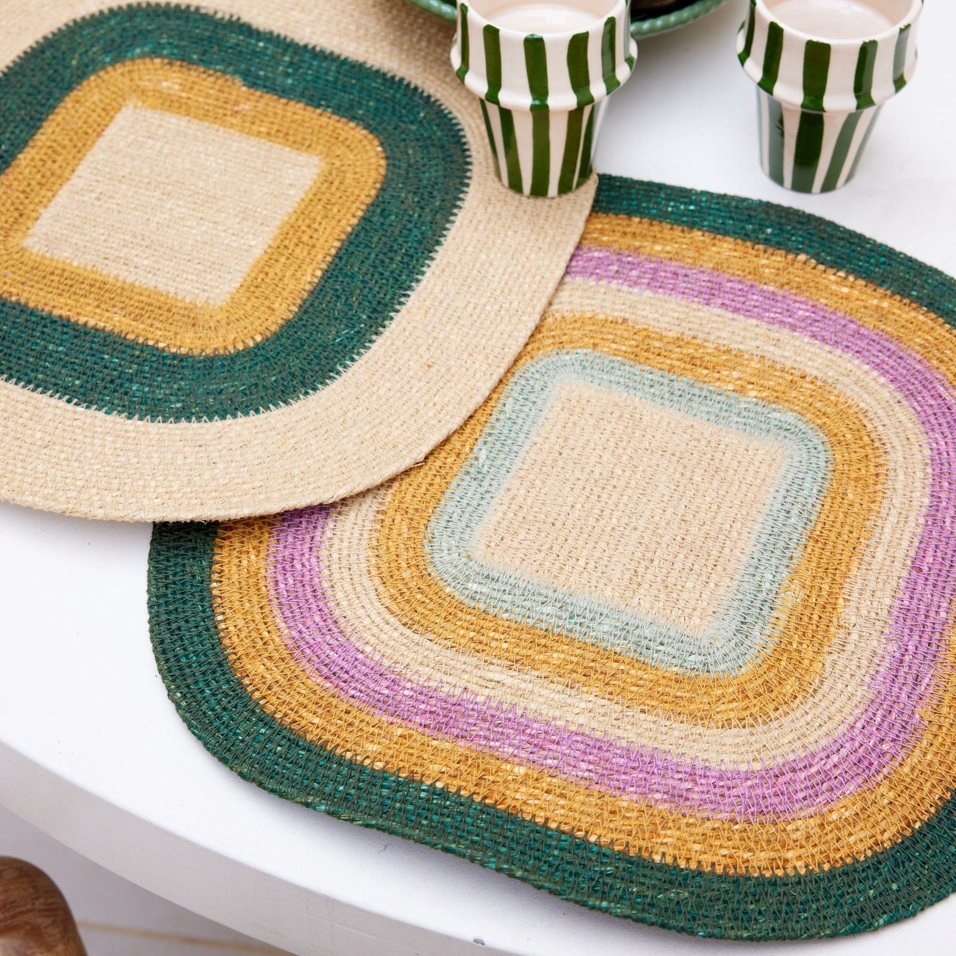 Bonheur du jour, Set de table en Raphia - Multico rayé Kaki et Maïs