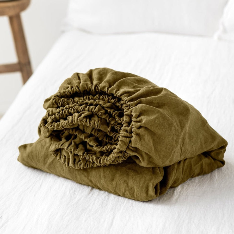Drap housse en lin Magic Linen - Olive green