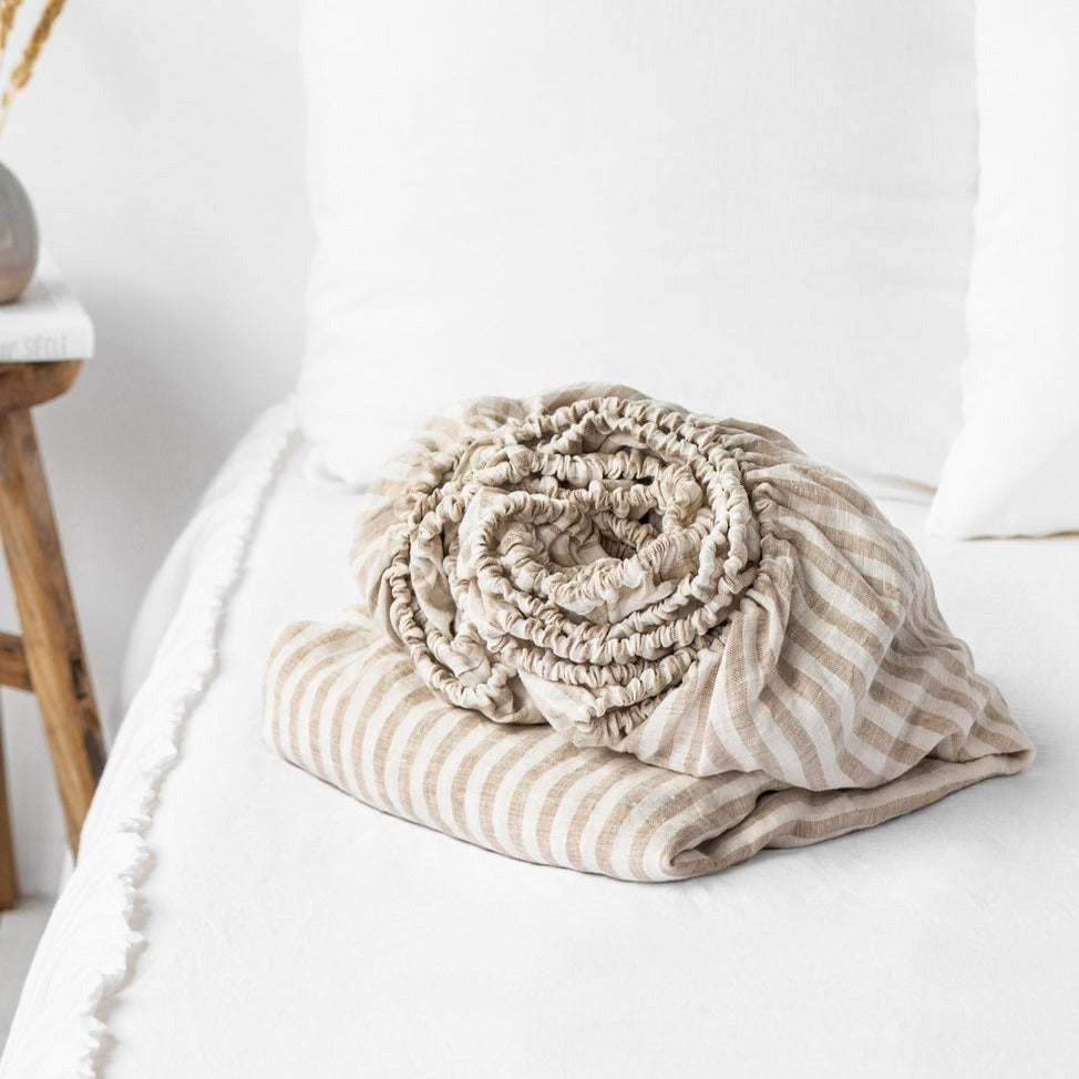 Drap housse en lin Magic Linen - Striped Naturel