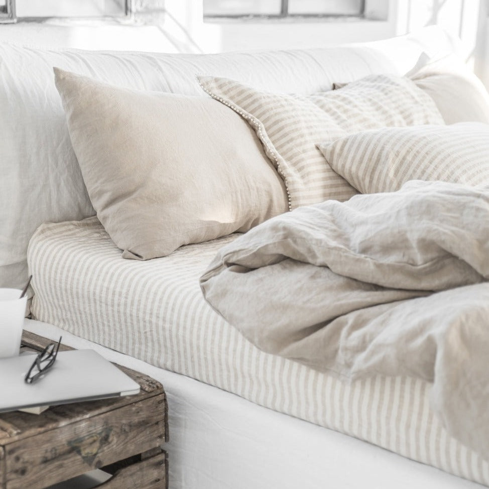 Drap housse en lin Magic Linen - Striped Naturel