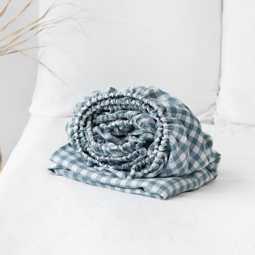 Drap housse en lin Magic Linen - Vichy Bleu