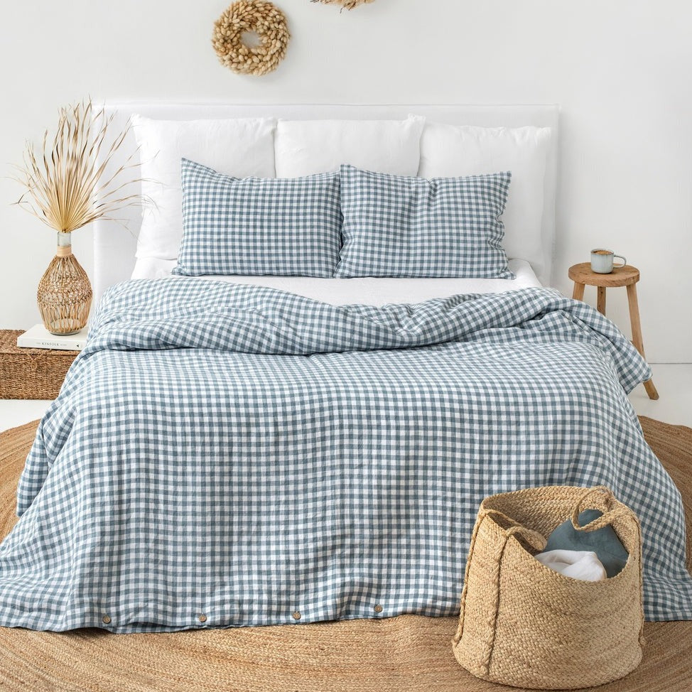 Drap housse en lin Magic Linen - Vichy Bleu