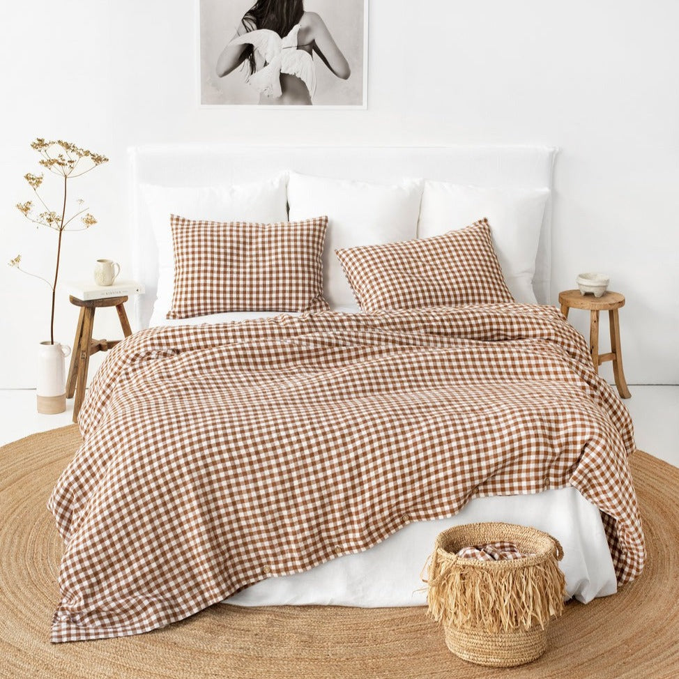 Drap housse en lin Magic Linen - Vichy Cinnamon