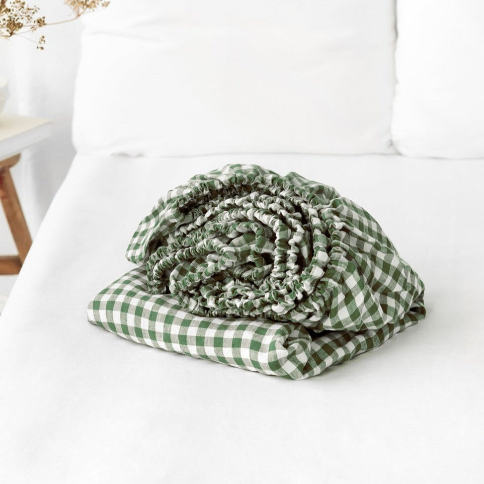 Drap housse en lin Magic Linen - Vichy Forest green