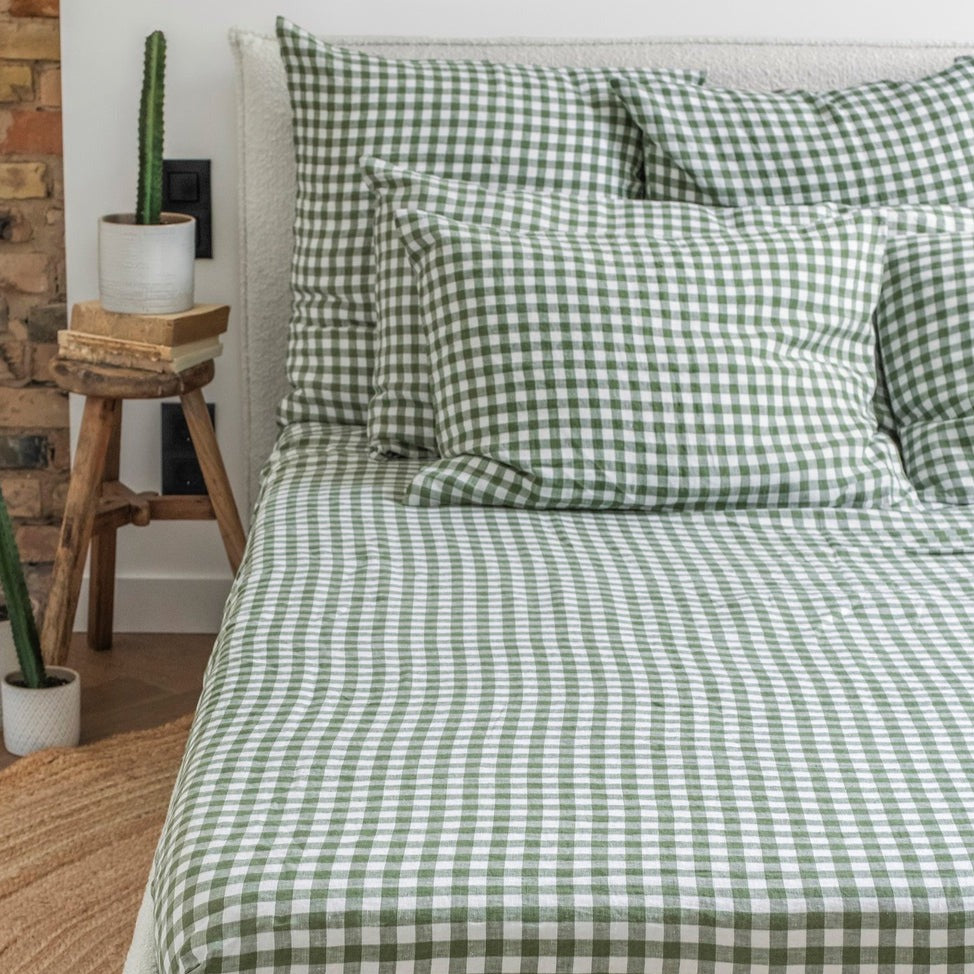 Drap housse en lin Magic Linen - Vichy Forest green