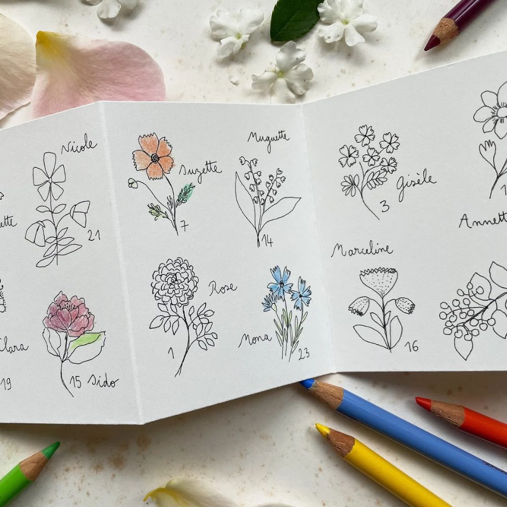 Papillonnage, Carte Accordéon - Fleurettes à colorier