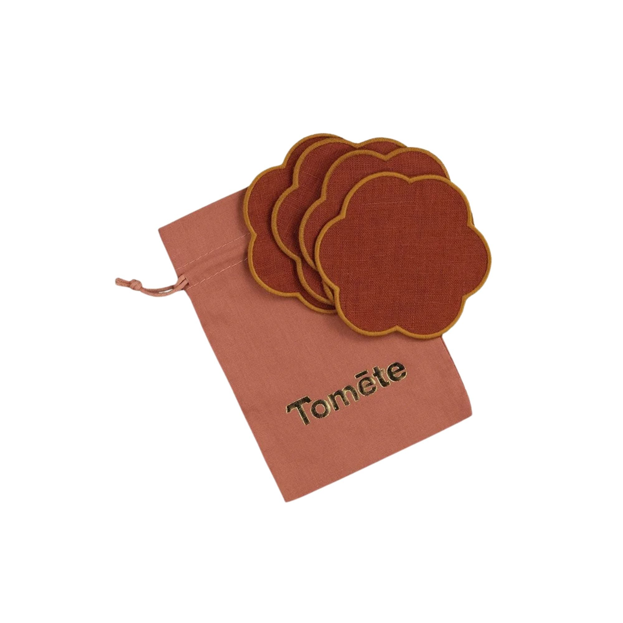 Tomète, Lot de 4 dessous de verre festonnés en lin - Tomette & Ocre jaune