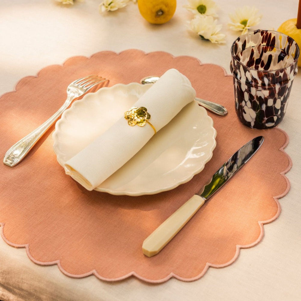 Tomète, Lot de 2 sets de table ronds festonnés en lin - Rose poudré