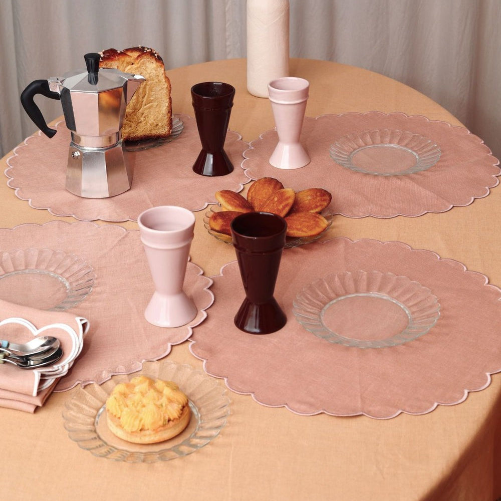Tomète, Lot de 2 sets de table ronds festonnés en lin - Rose poudré