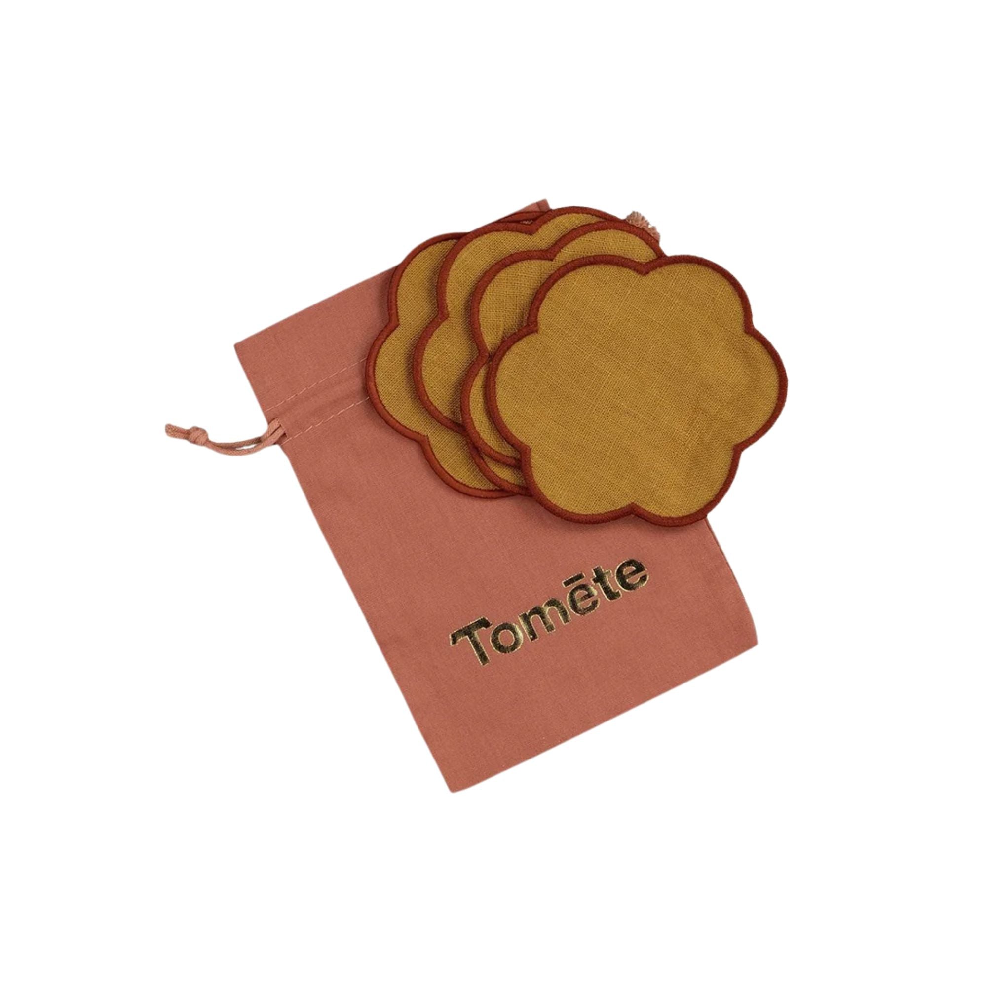 Tomète, Lot de 4 dessous de verre festonnés en lin - Ocre jaune & Tomette