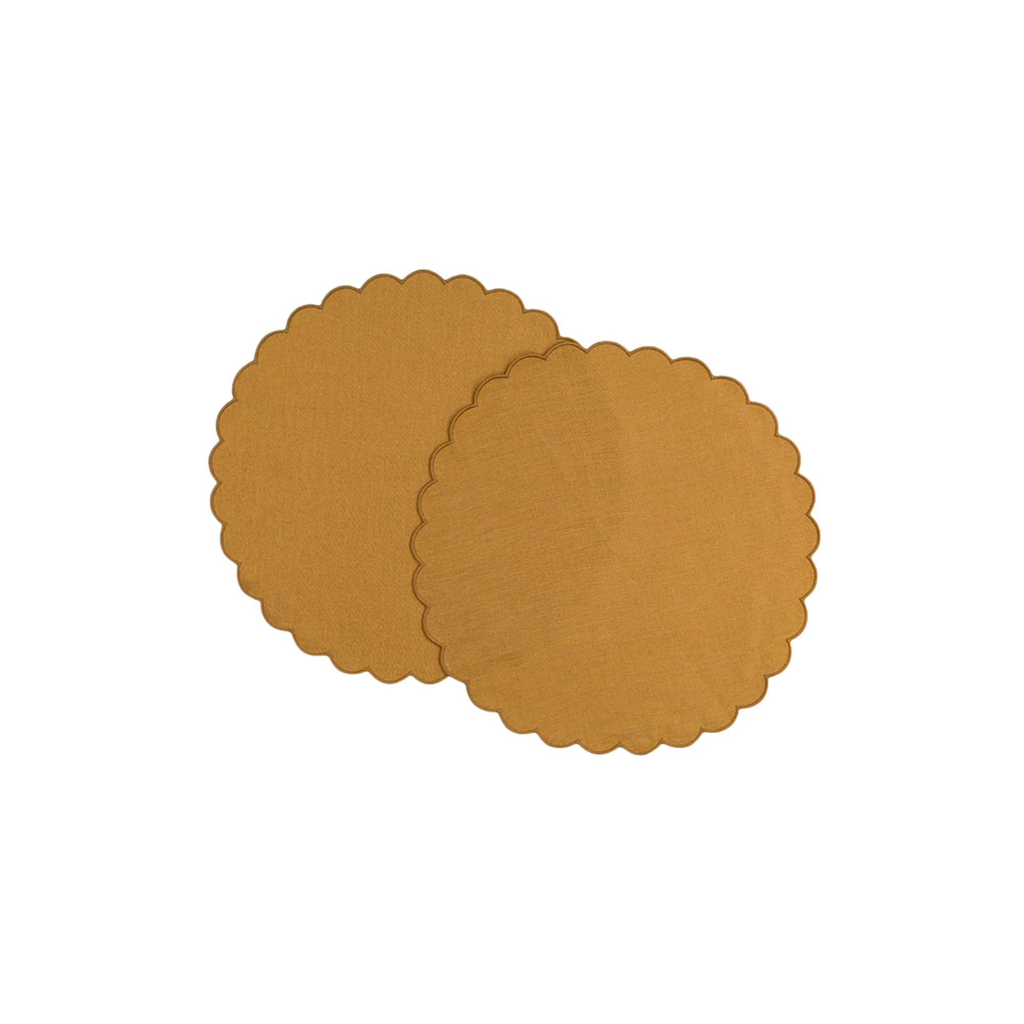 Tomète, Sets de table ronds festonnés en lin Ocre Jaune