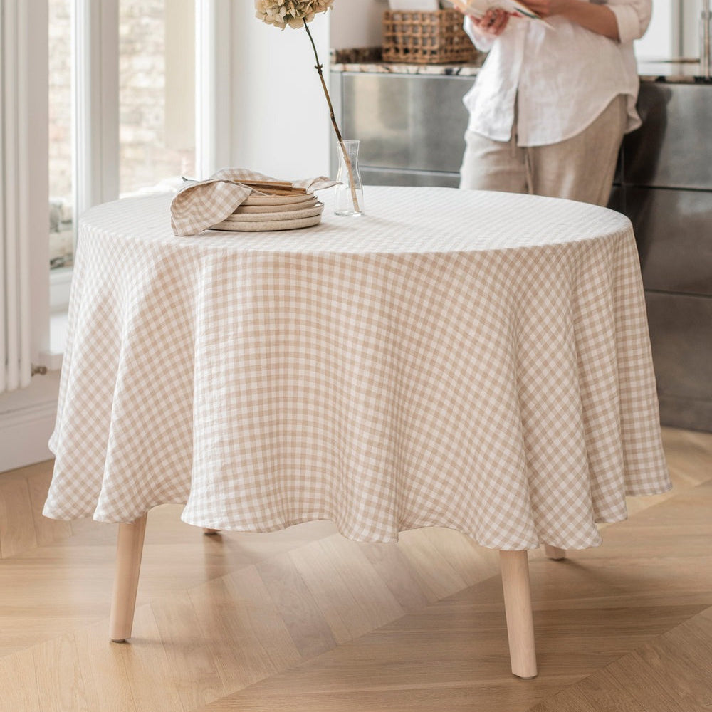 Magic Linen, Nappe ronde en lin - Vichy Naturel
