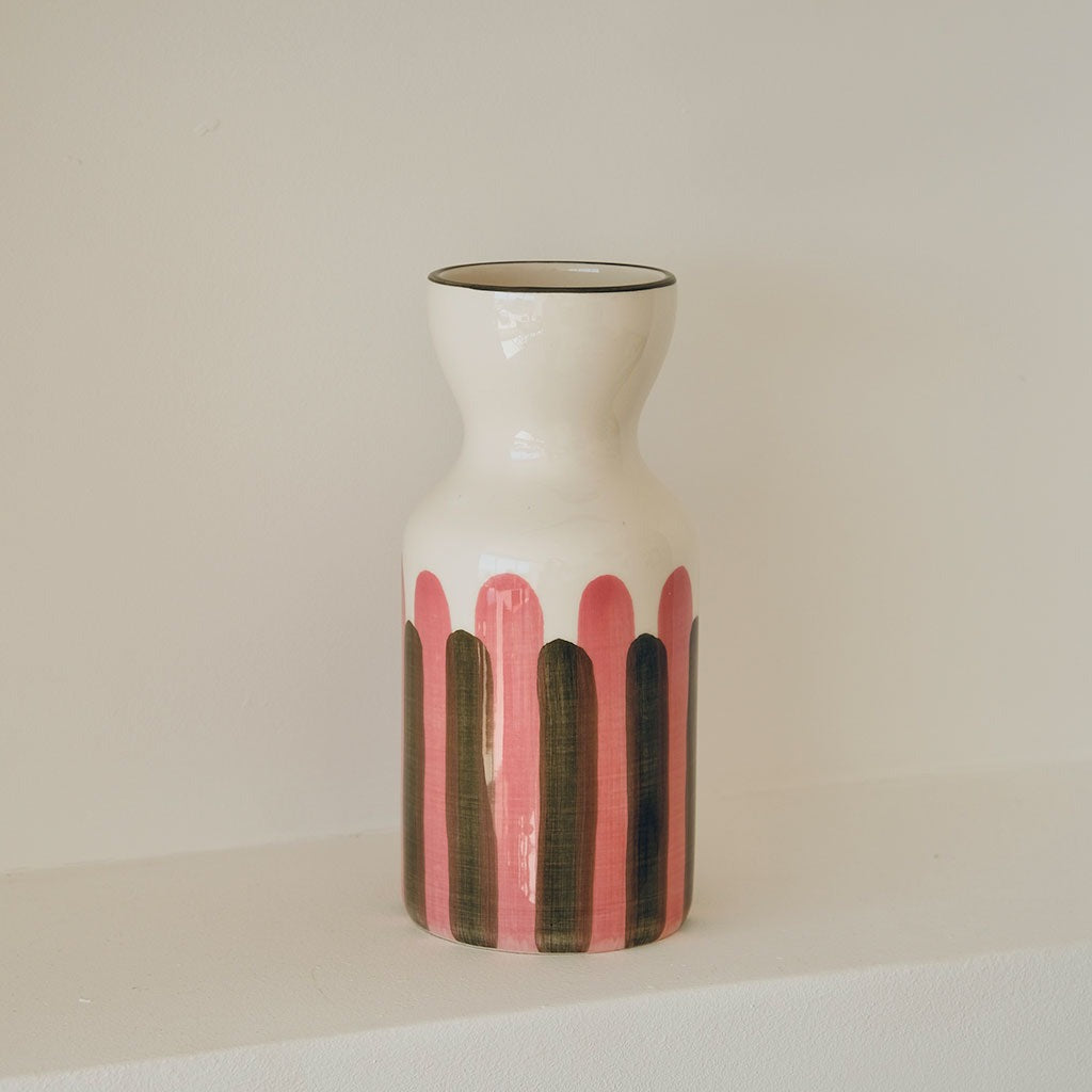 Oustao, Vase totem en céramique - Mediterranea Rayures rose&vert