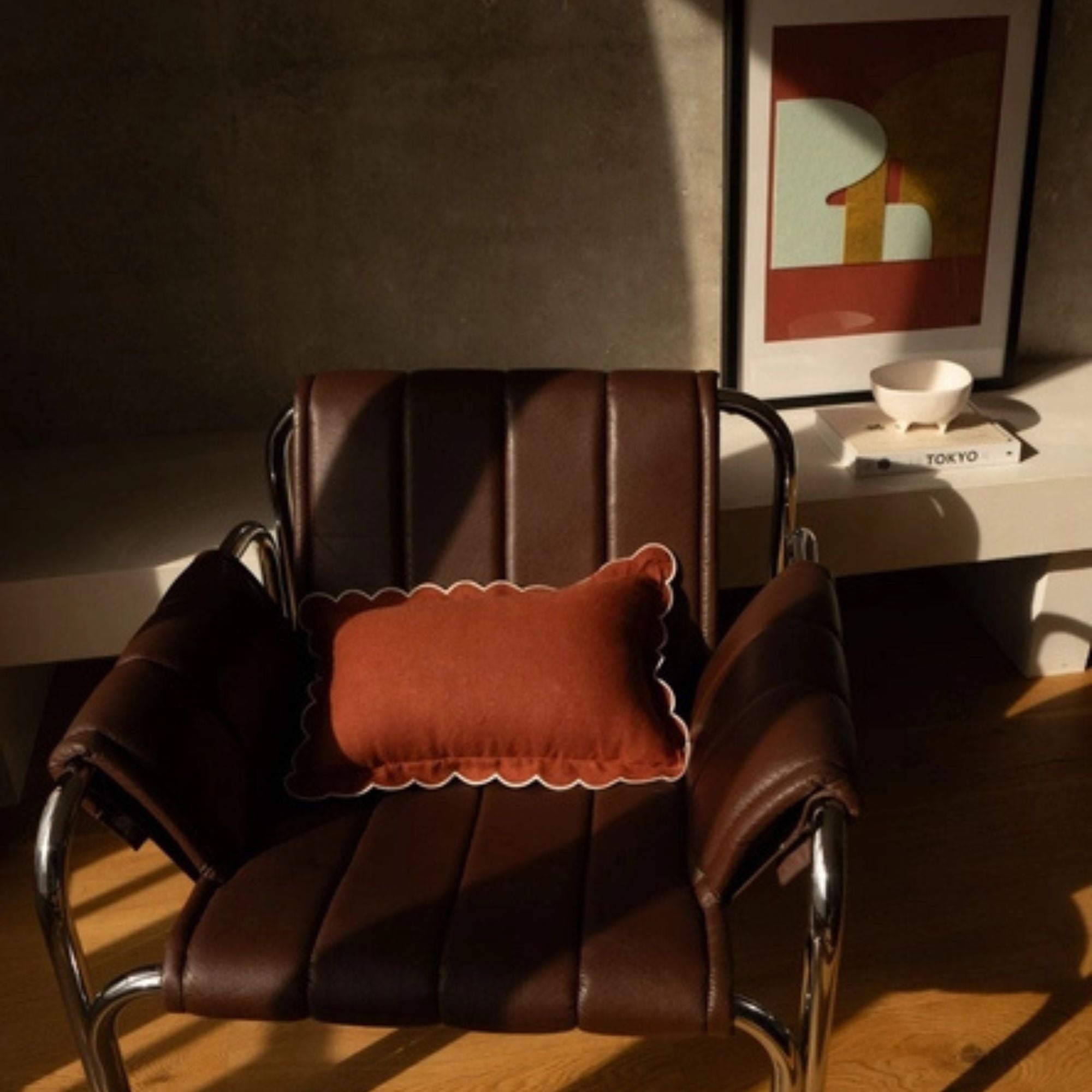 Tomète, Coussin rectangulaire en lin festonné - Tomette et Blanc