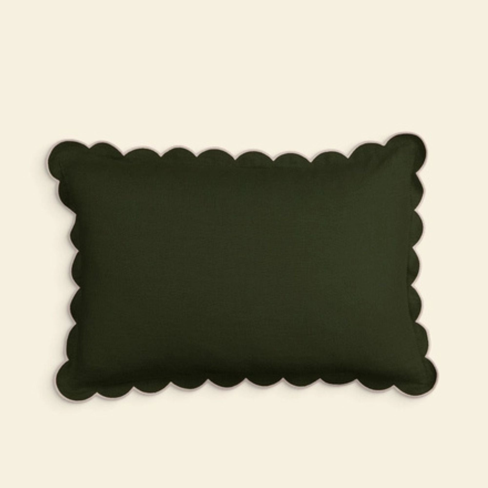Tomète, Coussin rectangulaire en lin festonné - Vert Forêt et Blanc