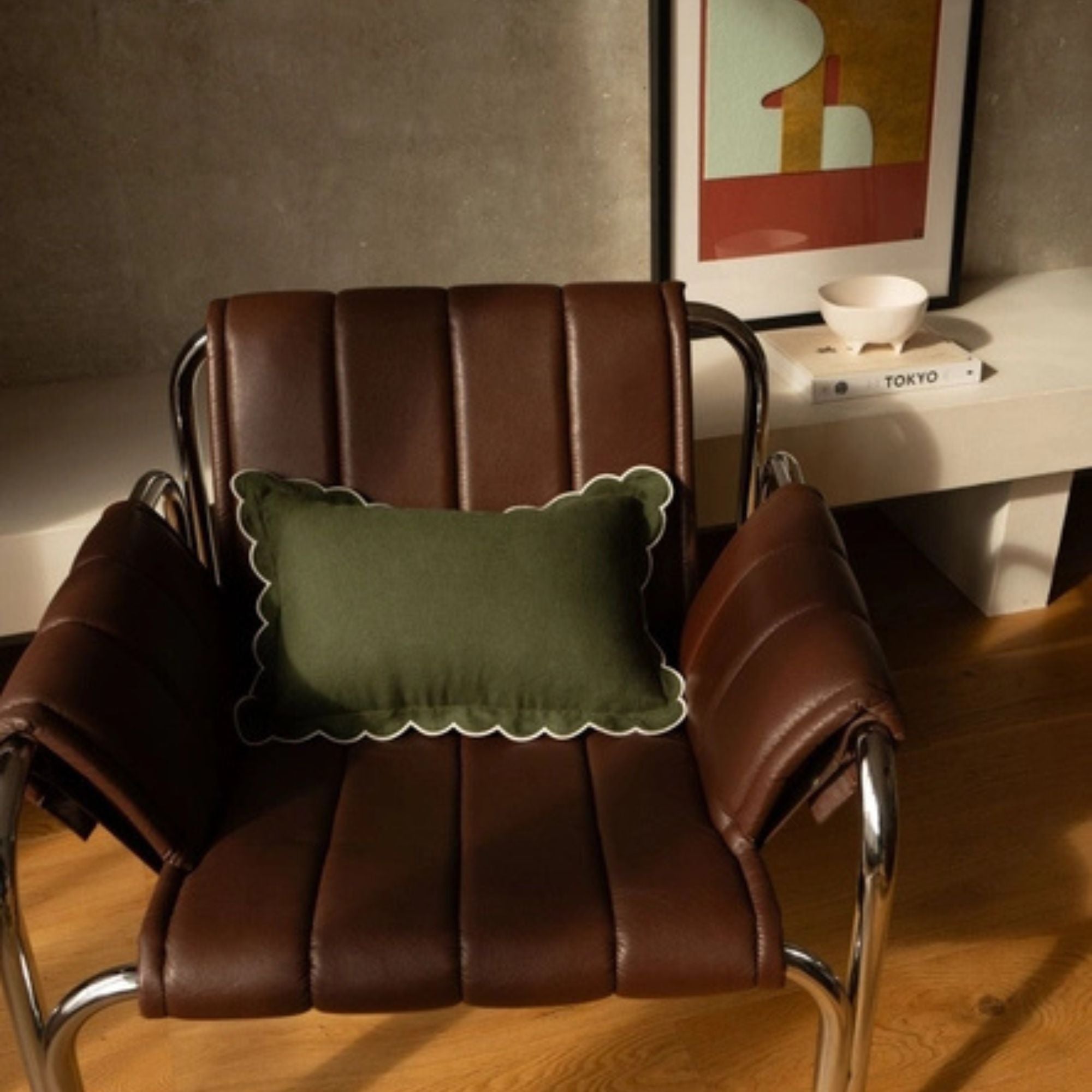 Tomète, Coussin rectangulaire en lin festonné - Vert Forêt et Blanc